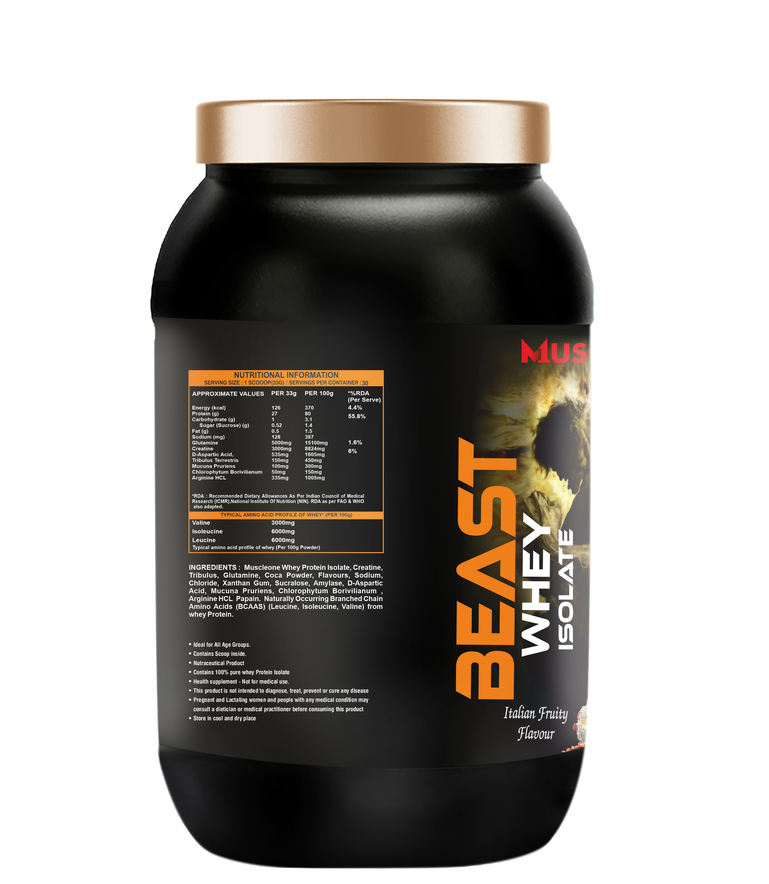 Muscle One Beast Whey Isolate Protein 1kg Italian Fruity - Image 3